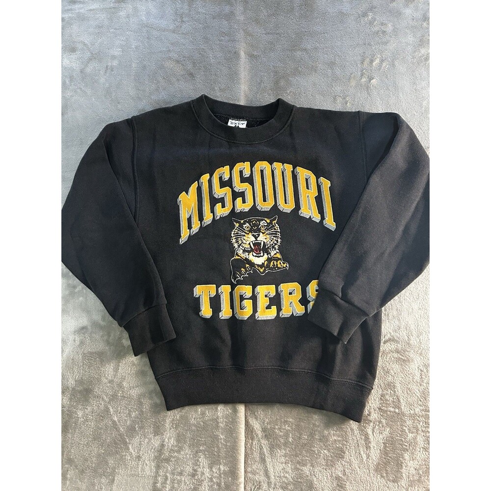Vintage Missouri Tigers Youth Sweatshirt Black Crewneck USA Made Size Small 8-10